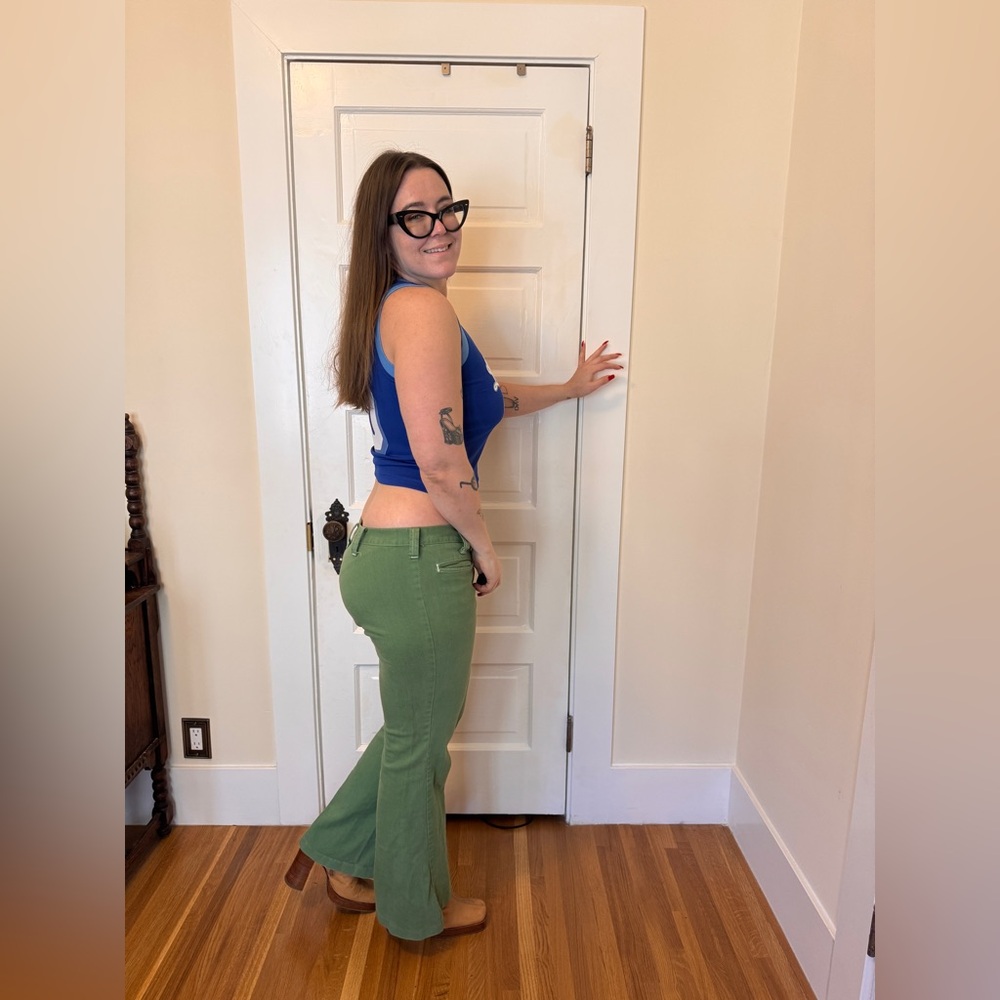 70s Vintage Snap Fly Low Waist Flared Green Jeans Sz M - Picture 2 of 8